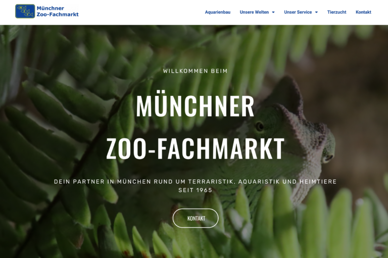 Screenshot der Startseite des Münchner Zoo-Fachmarkts mit einem grünen Chamäleon als Hintergrund.